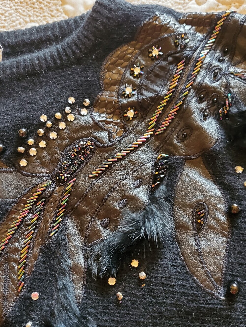 SHANNAN Black Crewneck Sweater with Feather & Bead Embellishment